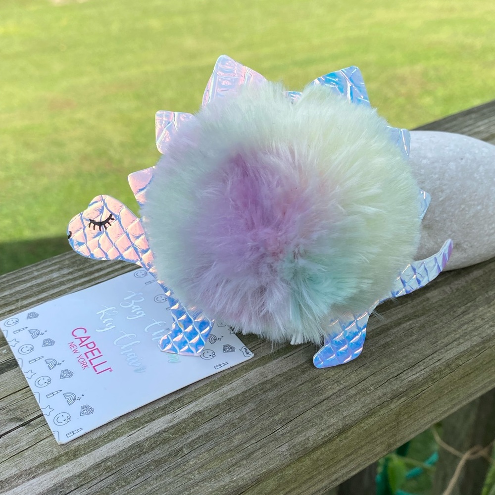 Fuzzy Dinosaur Bag Charm Key Chain Capelli New York Pom Pom